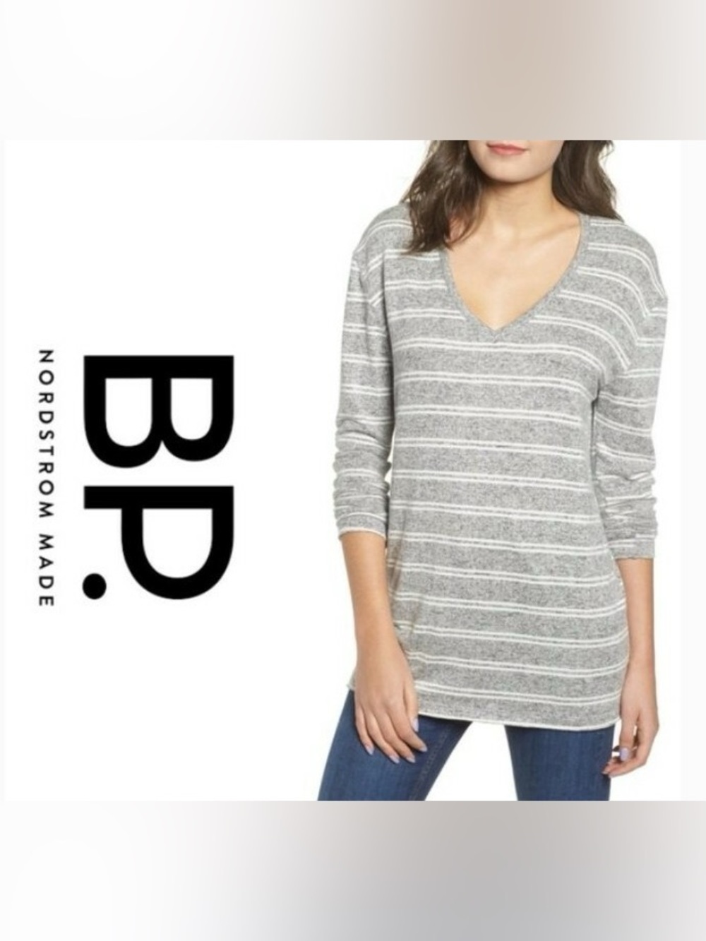 NWT BP. Long Sleeve V Neck Tunic Length Heather Gray/White Striped  S